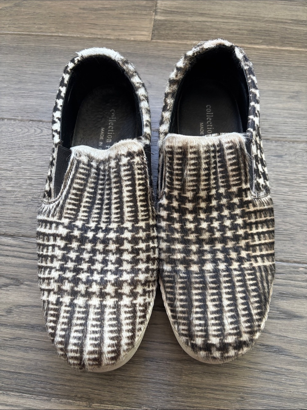 Collection Privée | Calfskin Hair Slip-On Houndstooth Plaid Sneakers Black White